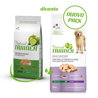 Natural Trainer Hundefutter, Made in Italy, Maxi/Mature mit frischem Huhn und Reis, ohne Zuckerzusatz, ohne Farbstoffe, neues Verpackungsdesign, 12kg Packung.