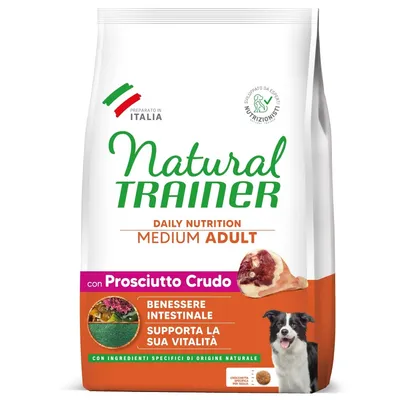 Natural Trainer Daily Nutrition Medium Adult z prosciutto crudo. Wspiera witalność i zdrowie jelit. Wyprodukowana we Włoszech z naturalnych składników. Dla psów średnich ras.