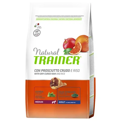 Natural Trainer koiranruoka, con prosciutto crudo e riso. Medium, adult (1–12 kk). Sisältää sikuria ja spirulinaa. Made in Italy. With dry-cured ham and rice.