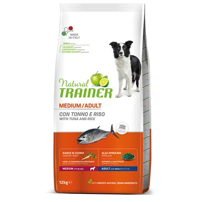 Natural Trainer Medium/Adult hrana za pse s tuno in rižem, 12 kg. Izdelano v Italiji, brez barvil, konzervansov ali dodanega sladkorja. Vsebuje korenino cikorije in spirulino.