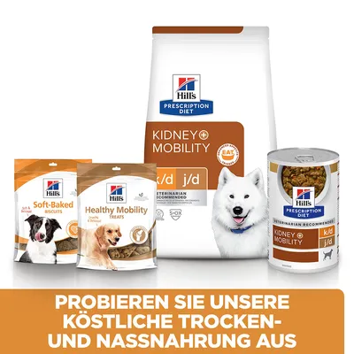 Hill's Prescription Diet Kidney + Mobility k/d j/d Trocken- und Nassnahrung sowie Soft-Baked Biscuits und Healthy Mobility Treats. Probieren Sie köstliche Tiernahrung aus.