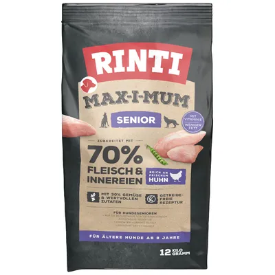 Rinti Maxi-Mum Senior cibo per cani, 70% carne e frattaglie, ricco di pollo fresco, ricetta senza cereali, per cani anziani da 8 anni, confezione da 12 kg.