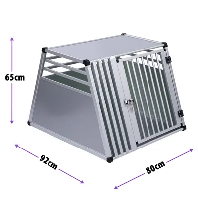 Box per animali in metallo con porta a griglia, dimensioni visibili: altezza 65 cm, larghezza 92 cm, profondità 80 cm.