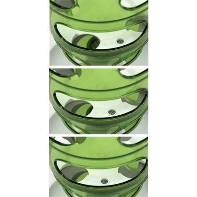 Drie detailfoto's van een groen kunststof speeltoren met ronde openingen en banen, geschikt voor katten om met ballen te spelen. Alleen het bovenste deel van de toren is zichtbaar.