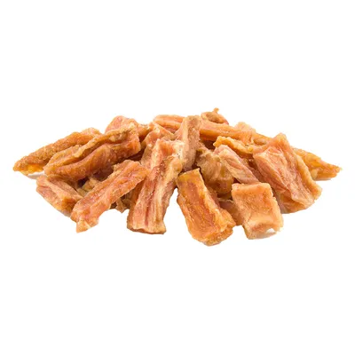 Torkade köttbitar, orangebrun färg, löst placerade. Produktbild för djurfoder eller snacks.