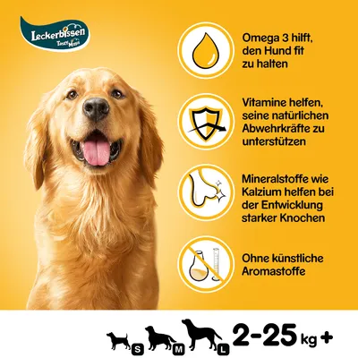 Leckerbissen Tasty Minis. Omega 3 für Fitness, Vitamine für Abwehrkräfte, Kalzium für starke Knochen, ohne künstliche Aromastoffe. Geeignet für Hunde von 2-25 kg (S, M, L).