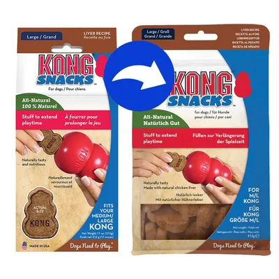 KONG Snacks Verpackungsänderung: All-Natural, Natürliche Hühnerleber, Stuff to extend playtime, Füllen zur Verlängerung der Spielzeit, für KONG Größe M/L, Nettogewicht 312g.