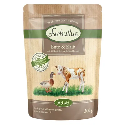 Lukullus anatra e vitello con patata dolce, mela e olio di lino. Original taste, gusto originale. Adulto, 300g.