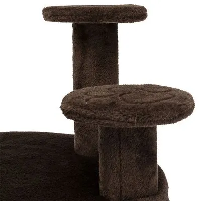Estrutura de arranhador para gatos em tecido castanho, com dois patamares redondos visíveis.