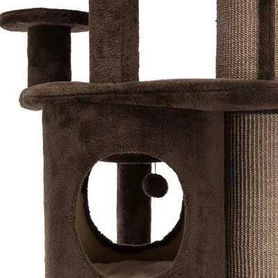 Krabpaal met pluche bekleding, sisal krabzuil, ronde schuilplek met opening en hangend speeltje zichtbaar.