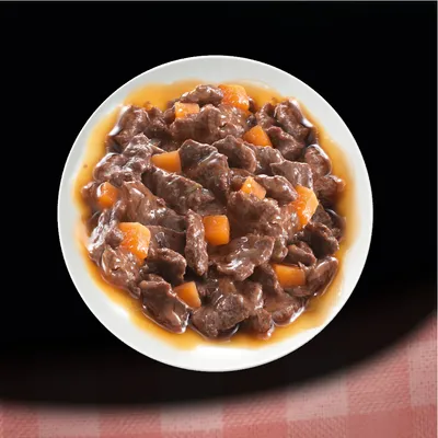 Comida húmeda para mascotas en un cuenco blanco, con trozos de carne y dados naranjas en salsa visible.