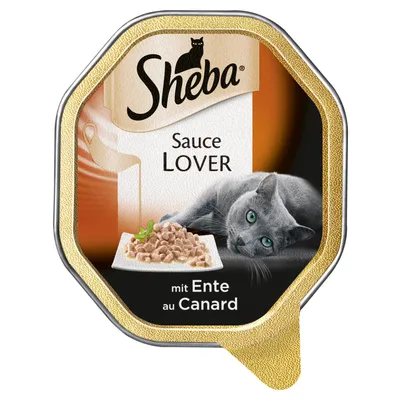 Sheba Sauce Lover kattemad, synlig tekst: mit Ente au Canard. Billede af grå kat og tallerken med stykker i sauce på emballagen.