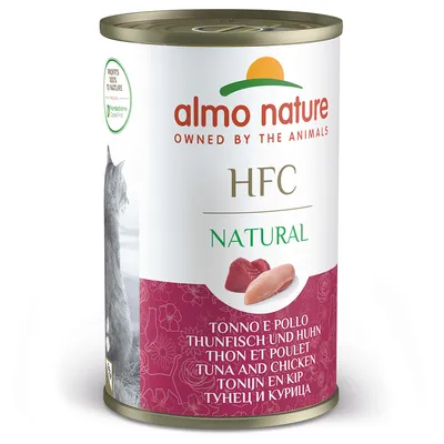 Almo Nature HFC Natural tuňák a kuře. Zisk 100 % pro přírodu. Konzerva s motivem kočky a vícejazyčným popisem produktu.