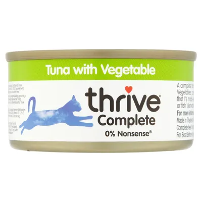 Thrive Complete Dose, smak: tuńczyk z warzywami, 0% Nonsense. Zielona etykieta z niebieskim motywem kota.