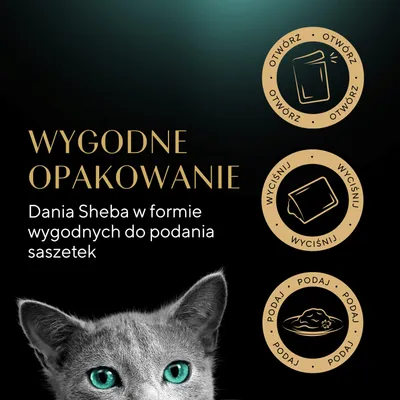 Sheba dania w praktycznych saszetkach porcjowanych, łatwe użycie: otwórz, wyciśnij, podaj. Tekst i symbole pokazują sposób obsługi opakowania.