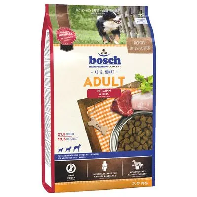bosch Adult hondenvoer met lamsvlees en rijst, 21,5% eiwit, 10,5% vet, zonder tarwe, voor volwassen honden vanaf 12 maanden, verpakking van 3,0 kg zichtbaar.