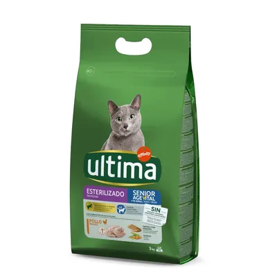 Ultima Sterilizado Senior +10 jaar kattenvoer met kip, 3kg. Zonder toegevoegde suikers en kunstmatige kleurstoffen. Ingrediënten: kip, granen, groenten.