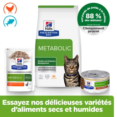 Hill's Prescription Diet Metabolic nourriture pour chat, gestion du poids et du diabète, cliniquement prouvé : 88 % des animaux perdent du poids à la maison. Essayez les aliments secs et humides. Hill's Prescription Diet Metabolic nourriture pour chat, gestion du poids et du diabète, cliniquement prouvé : 88 % des animaux perdent du poids à la maison. Essayez les aliments secs et humides.