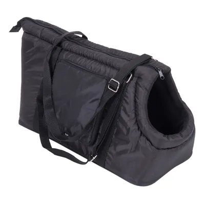 Sac de transport noir en tissu avec ouverture latérale, poche zippée sur le côté et bandoulière réglable, sans marque visible.