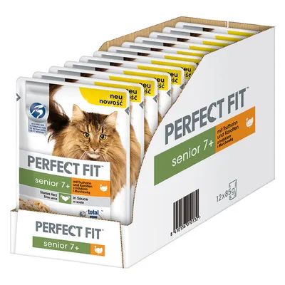 Caja con 12 sobres de comida para gatos Perfect Fit senior 7+, visible texto: mit Truthahn und Karotten, 12x85g, imagen de gato y símbolo de pollo en el envase.
