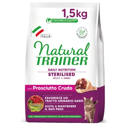 Natural Trainer Daily Nutrition Sterilised Adult >1 year, 1.5kg. With Prosciutto Crudo. Supports healthy urinary tract and weight maintenance. Ingredients of natural origin.