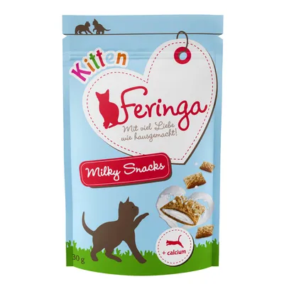 Feringa Milky Snacks Kitten, Mit viel Liebe wie hausgemacht!, +calcium, 30g. Abbildung von gefüllten Snacks und spielender Katze auf der Verpackung.