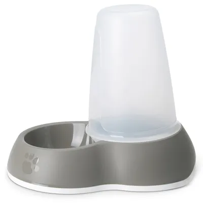 Grauer Futter- und Wasserspender mit transparentem Behälter, geeignet für Haustiere. Zwei separate Schalen integriert.