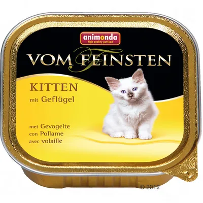 animonda Vom Feinsten Kitten met gevogelte. Tekst op verpakking: mit Geflügel, met Gevogelte, con Pollame, avec volaille. Afbeelding van een kitten op de voorkant.