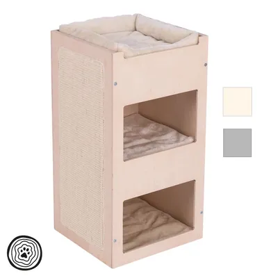 Kratzmöbel aus Holz mit drei Ebenen, gepolsterten Liegeflächen und Kratzfläche an der Seite. Farben: Beige und Grau.
