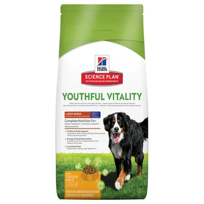 Hill's Science Plan Youthful Vitality Large Breed -koiranruokapakkaus, näkyvissä teksti 'with chicken & rice', kuva isosta koirasta ja nappuloista, suositellaan aikuisille koirille.