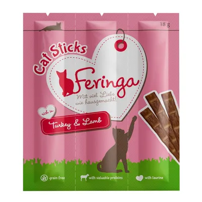Feringa Cat Sticks, confezione da 18 g. Testo visibile: 'Mit viel Liebe wie hausgemacht!', 'rich in Turkey & Lamb', 'grain-free', 'with valuable proteins', 'with taurine'.