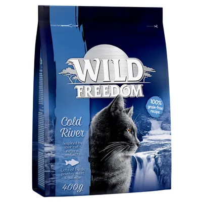 Hrană pentru pisici Wild Freedom Cold River, 400g, carne proaspătă de pasăre și somon, rețetă fără cereale, text vizibil: Inspired by your cat's natural instincts, Lots of fresh poultry meat & salmon.