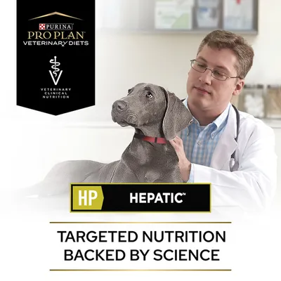 Purina Pro Plan Veterinary Diets HP Hepatic. Targeted nutrition backed by science. Veterinary clinical nutrition shown with a dog and a vet.