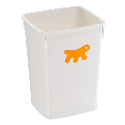 Hvid beholder med orange hundesymbol på forsiden, egnet til opbevaring af foder eller tilbehør.