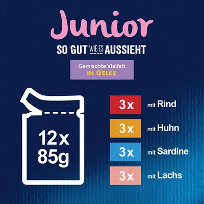 Junior Katzenfutter, gemischte Vielfalt in Gelee: 12x85g. Sorten: 3x Rind, 3x Huhn, 3x Sardine, 3x Lachs.