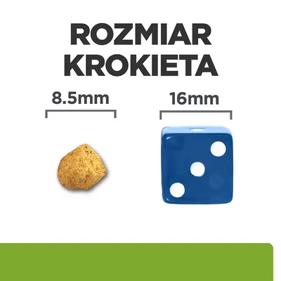 Rozmiar krokieta: 8,5 mm obok niebieskiej kostki o wymiarze 16 mm. Porównanie wielkości dla łatwiejszego wyboru karmy.