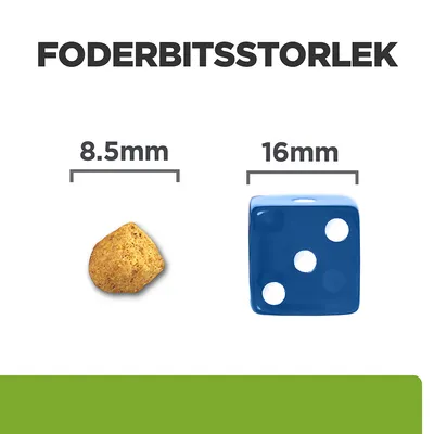 Foderbitsstorlek: foderbit 8,5 mm bred jämförs med en blå tärning på 16 mm. Tydlig storleksjämförelse för att visa foderbitens dimension.