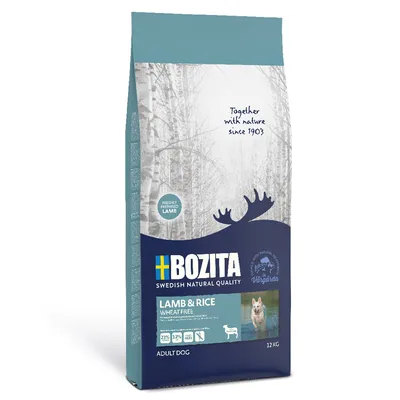Bozita Swedish Natural Quality, Lamb & Rice Wheat Free, 12 kg, pentru câini adulți. Text vizibil: 'Freshly prepared lamb', 'Together with nature since 1903', 23% proteină, 12% grăsime.