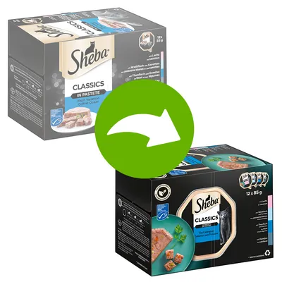 Sheba Classics in Pastete rybia variácia, 12x85g. Zmena obalu znázornená zeleným šípkovým symbolom.