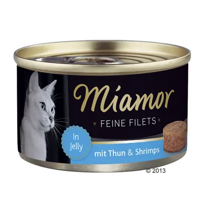 Miamor Feine Filets In Jelly mit Thun & Shrimps, boîte avec photo de chat et filet visible sur l’étiquette. Texte en allemand et anglais.