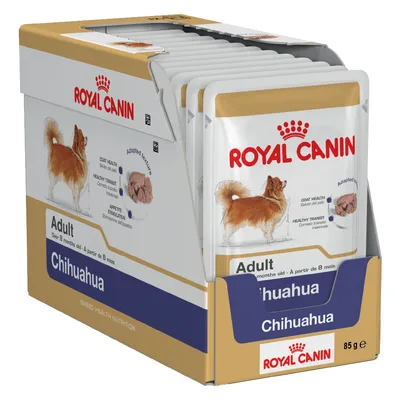 Royal Canin Adult Chihuahua våtfoder, förpackning med portionspåsar à 85 g. Synlig text: Coat Health, Healthy Transit, Appetite Stimulation, Adapted texture.