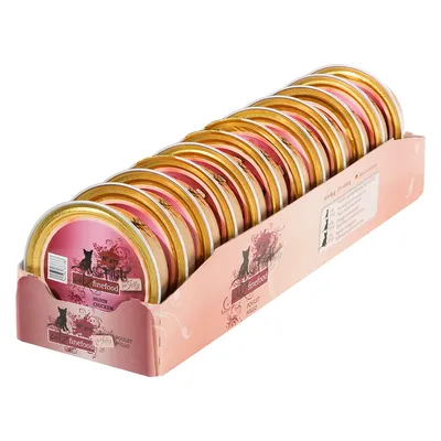 Multipack med 16 st catz finefood fillets kattmat, smak kyckling. Text på förpackning: Huhn, Chicken, Poulet, Pollo. Varje burk 85 g.