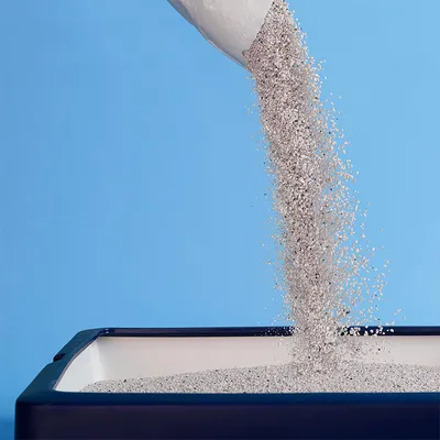 Katzenstreu wird in eine Katzentoilette geschüttet, graue Körner auf blauem Hintergrund.