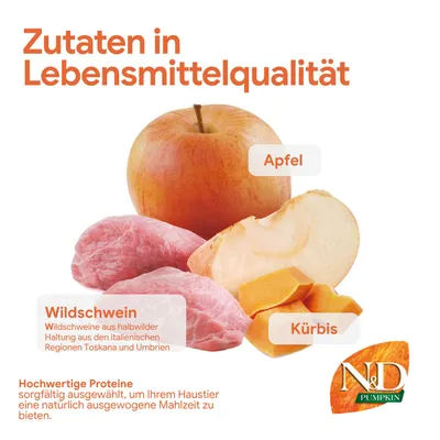 Zutaten in Lebensmittelqualität: Apfel, Kürbis, Wildschwein aus halbwilder Haltung Toskana und Umbrien. Hochwertige Proteine für eine natürlich ausgewogene Mahlzeit.