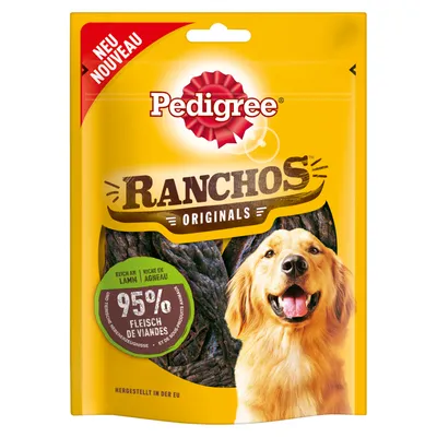 Pedigree Ranchos Originals hundesnacks, 95 % Fleisch de viandes, reich an Lamm, billede af glad hund på gul pose. Hergestellt in der EU. NEU NOUVEAU.