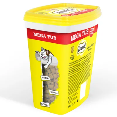 Large yellow tub labelled 'MEGA TUB 350 grams' with visible cheese-flavoured treats inside, text highlights 'with delicious cheese' and 'no artificial flavours'.