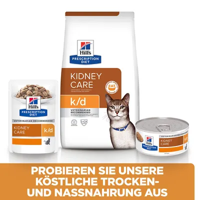 Hill's Prescription Diet Kidney Care k/d für Katzen. Trocken- und Nassnahrung, empfohlen von Tierärzten. Unterstützt die Nierenfunktion. Probieren Sie köstliche Optionen aus.