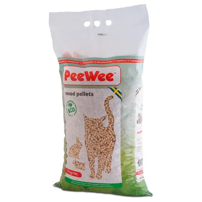 PeeWee träpellets, 9 kg/14 l. Miljövänlig, biologiskt nedbrytbar. Bild av katt och kanin av träpellets. Svensk flagga synlig.