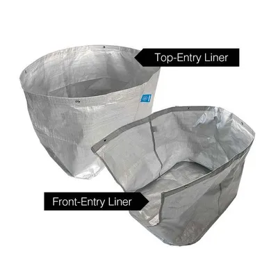 Dos forros de plástico gris, uno etiquetado como 'Top-Entry Liner' y otro como 'Front-Entry Liner', mostrando diferentes formas de apertura. Texto en inglés visible en la imagen.