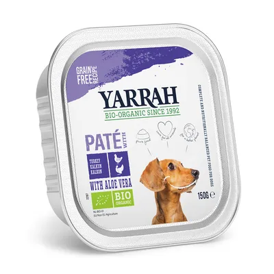 Yarrah Bio-Organic Since 1992 pulykás, aloe verás kutyapástétom, gabonamentes, 150 g, BIO tanúsítvány NL-BIO-01, csomagoláson kutya képe látható.